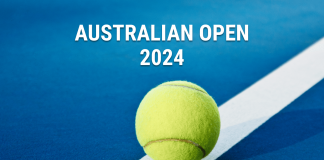 Australian Open 2024 spilles d. 14. januar til 28. januar. Billedet viser en tennis bold på en tennis bane med teksten 'Australian Open 2024'.