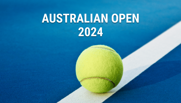 Australian Open 2024 spilles d. 14. januar til 28. januar. Billedet viser en tennis bold på en tennis bane med teksten 'Australian Open 2024'.