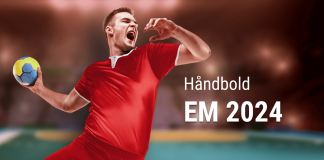Årets håndbold europamesterskab starter d. 11/1-28/1 2024. Her kan du læse mere om håndbold herre landsholdet, samt finde gode odds på EM håndbold. Billedet viser en mandlig håndboldspiller der spiller aggressivt. Teksten på billedet lyder ’Håndbold EM 2024’.
