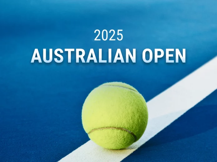 Australian Open 2025 spilles d. 12. januar til 28. januar. Billedet viser en tennis bold på en tennis bane med teksten 'Australian Open 2025'.